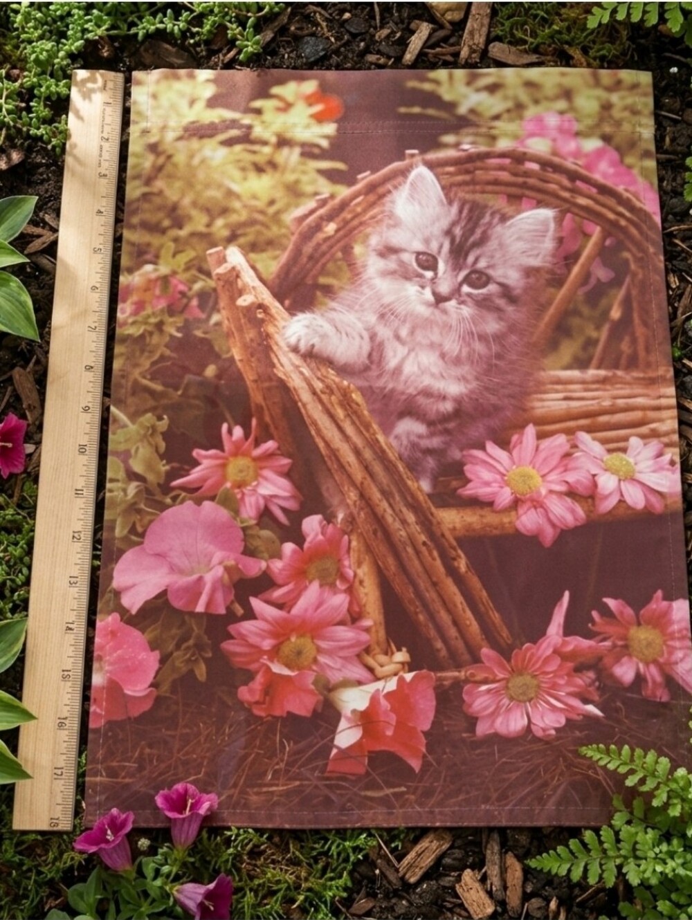 Cute Kitten In Basket Of Pink Flowers Decorative Garden Flag 